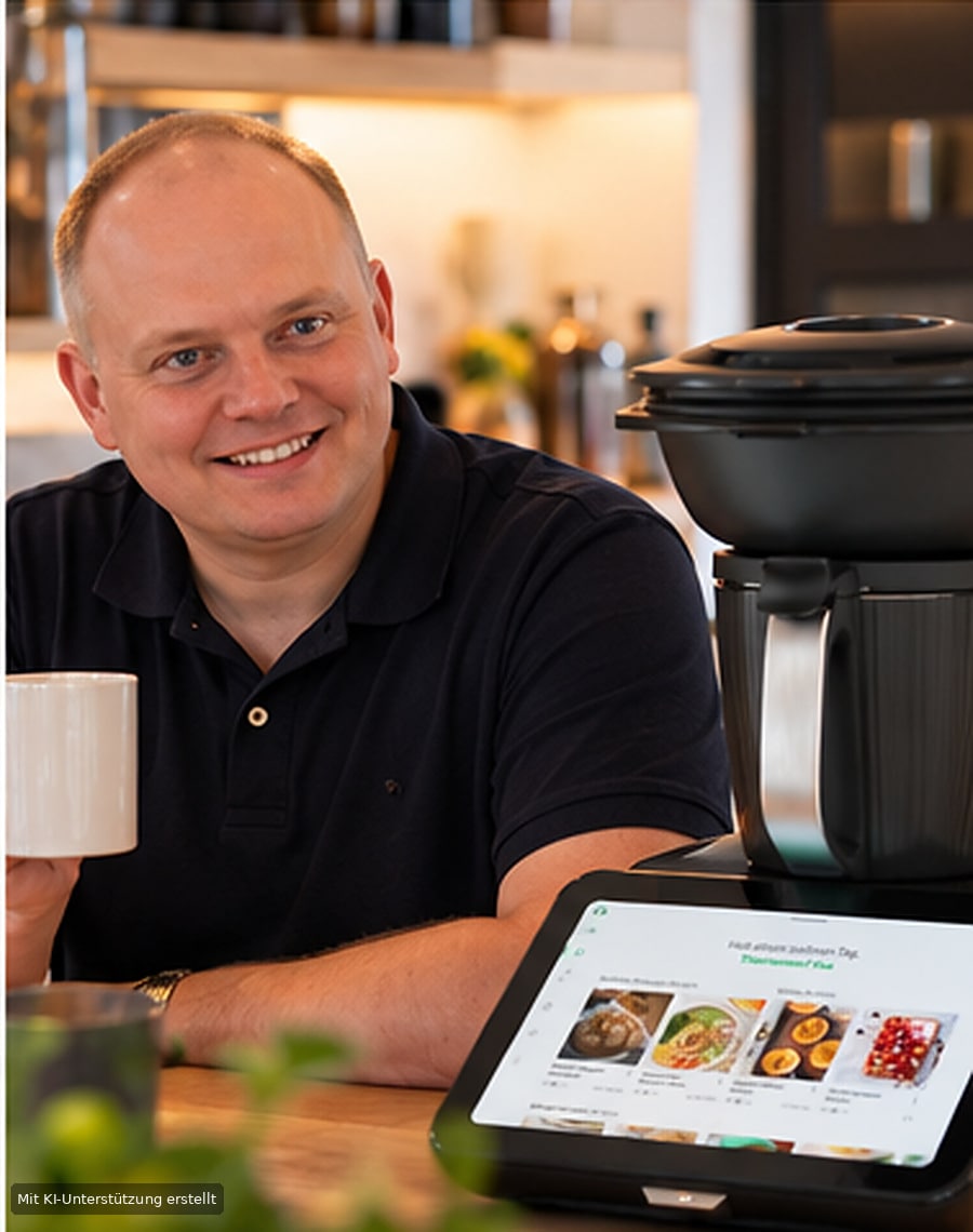 Alex mit einer Tasse neben dem Thermomix TM7