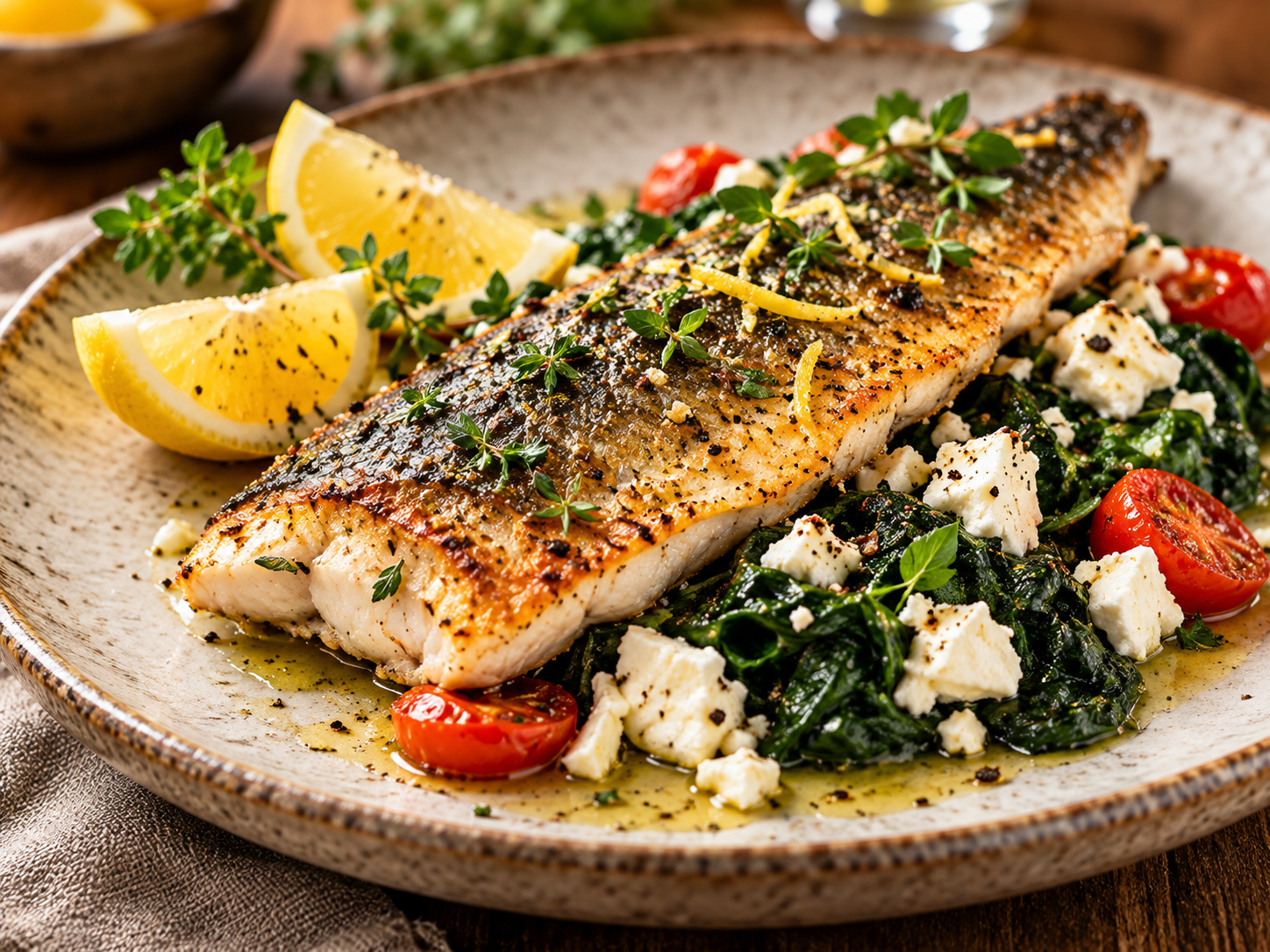 Gebratene Forelle mit Spinat und Feta