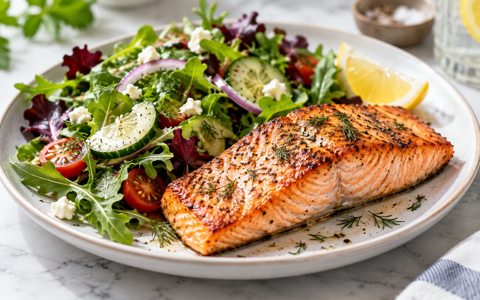 Gebratener Lachs mit einem Salat aus gemischten Blattgrüns