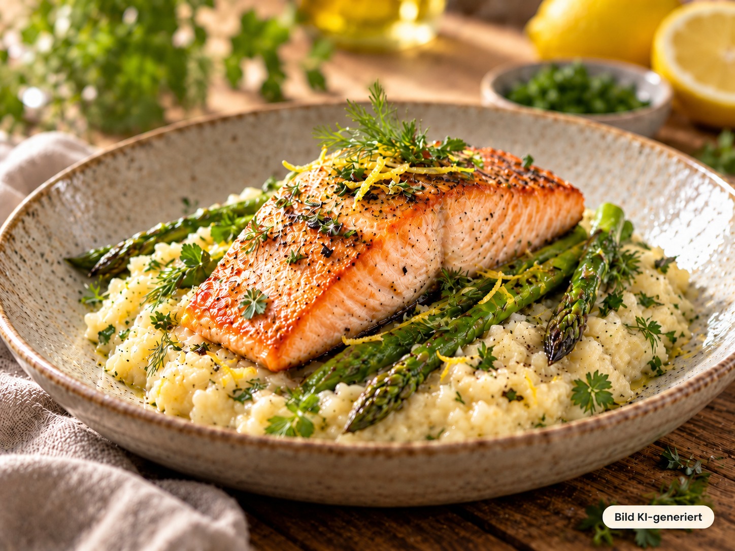 Lachsfilet auf Zitronen-Kräuter-Risotto mit grünem Spargel