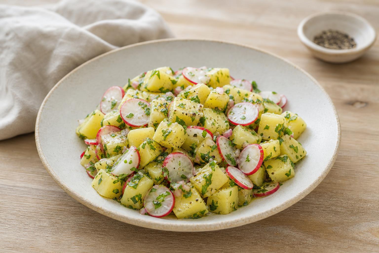 Lauwarmer Kartoffelsalat mit Radieschen und Kräuterdressing