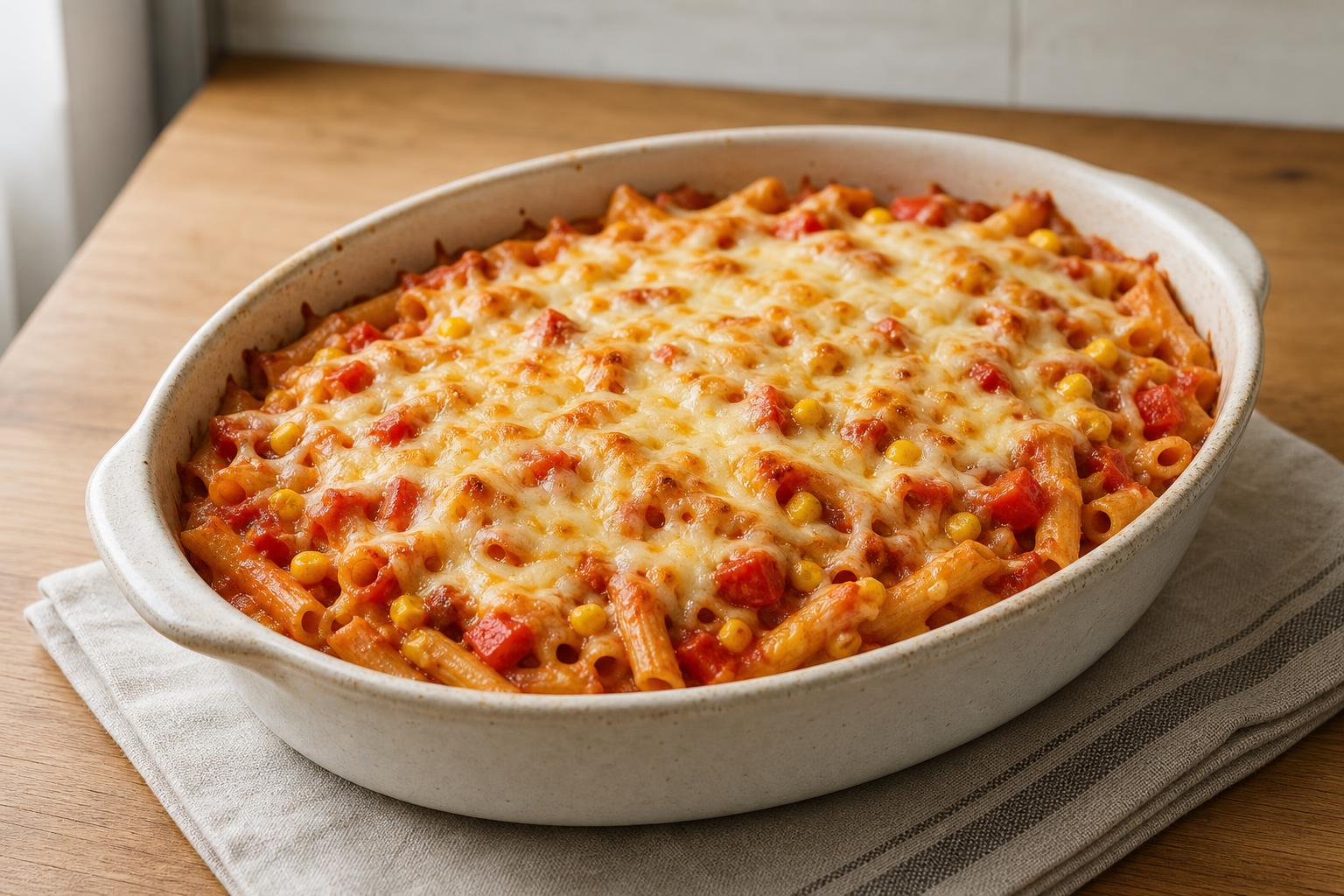 Paprika-Mais-Nudelauflauf mit rauchiger Tomatensauce