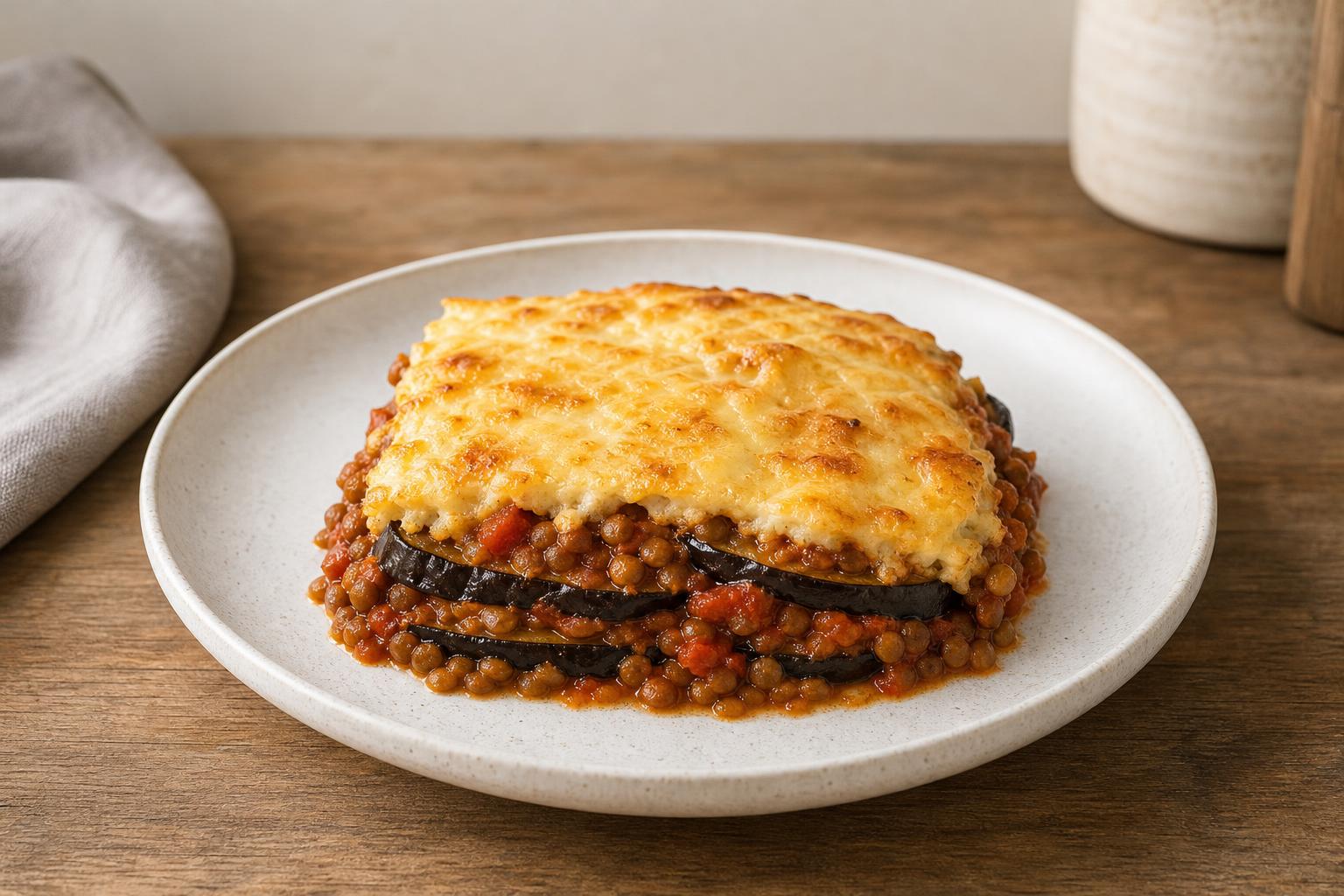 Auberginen-Linsen-Moussaka mit Joghurtkruste