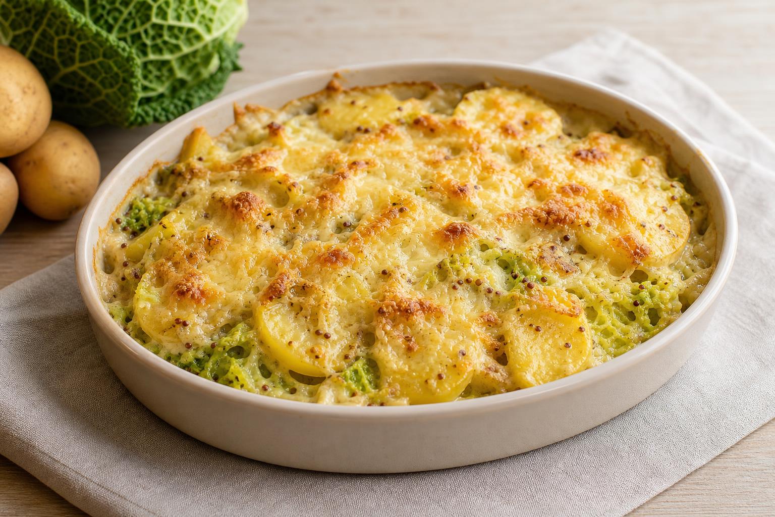 Wirsing-Kartoffel-Gratin mit körnigem Senf