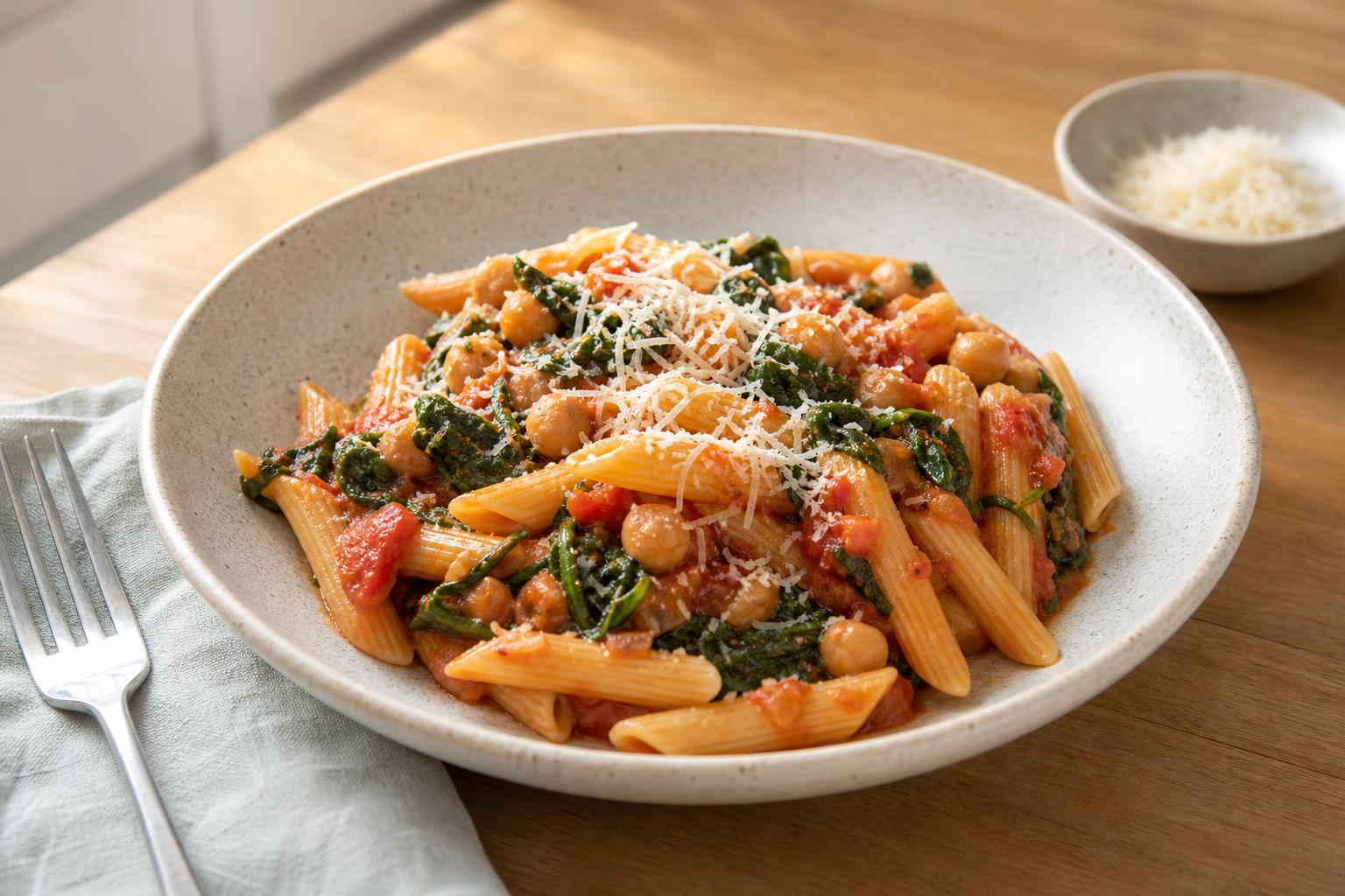 Pasta mit Kichererbsen-Spinat-Sauce