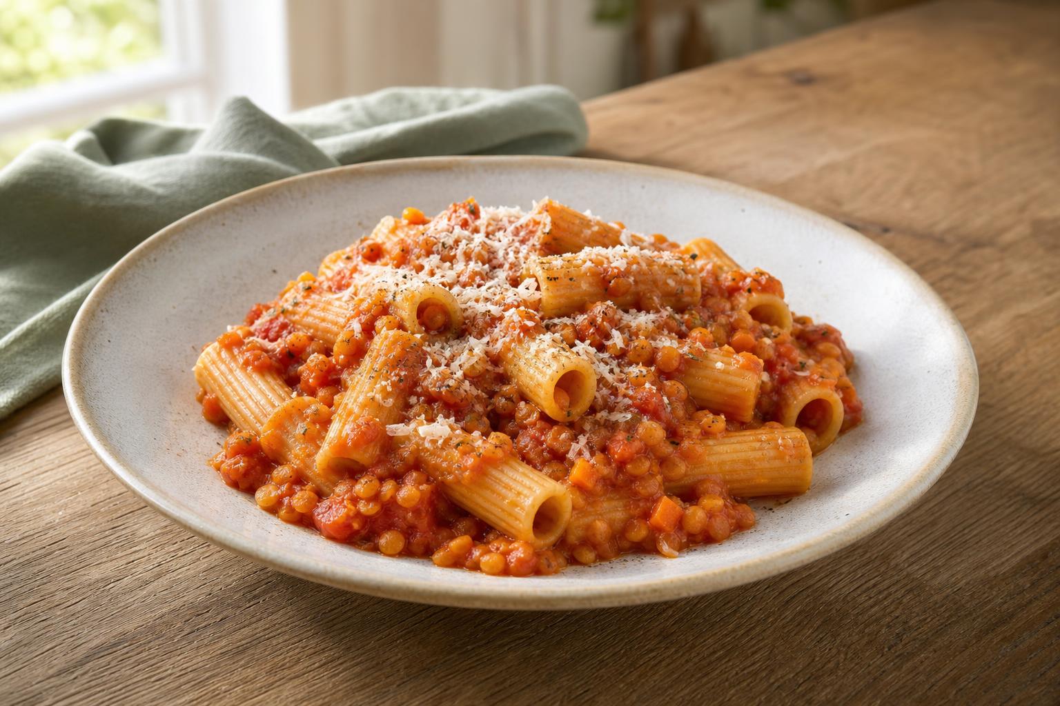 Rigatoni mit Möhren-Linsen-Bolognese