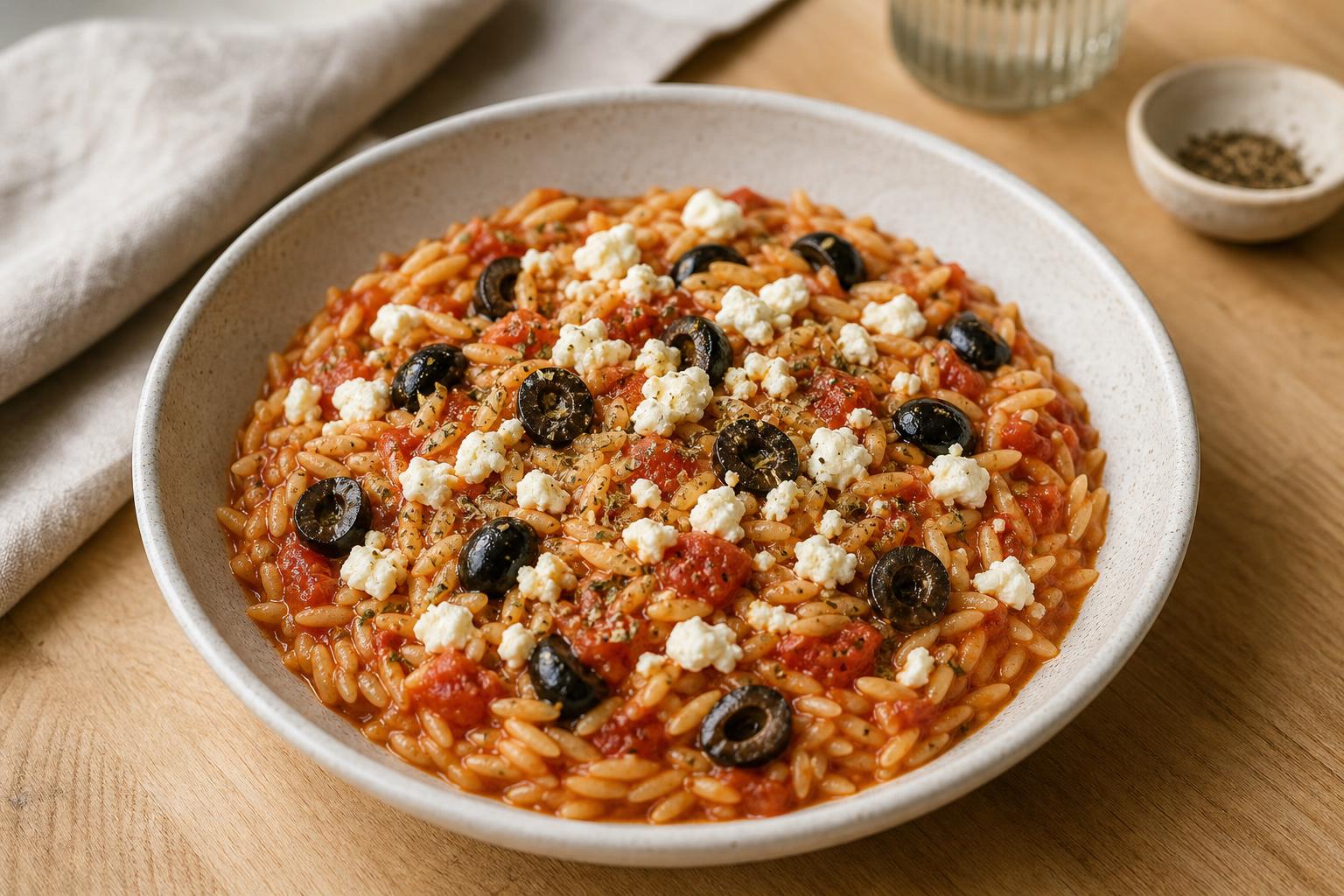 Tomaten-Orzo aus dem Ofen mit schwarzen Oliven