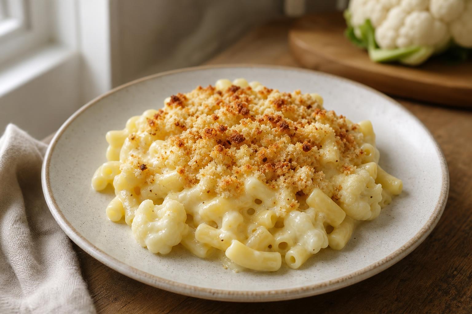 Makkaroni mit Blumenkohl-Käsesauce und Brotkruste