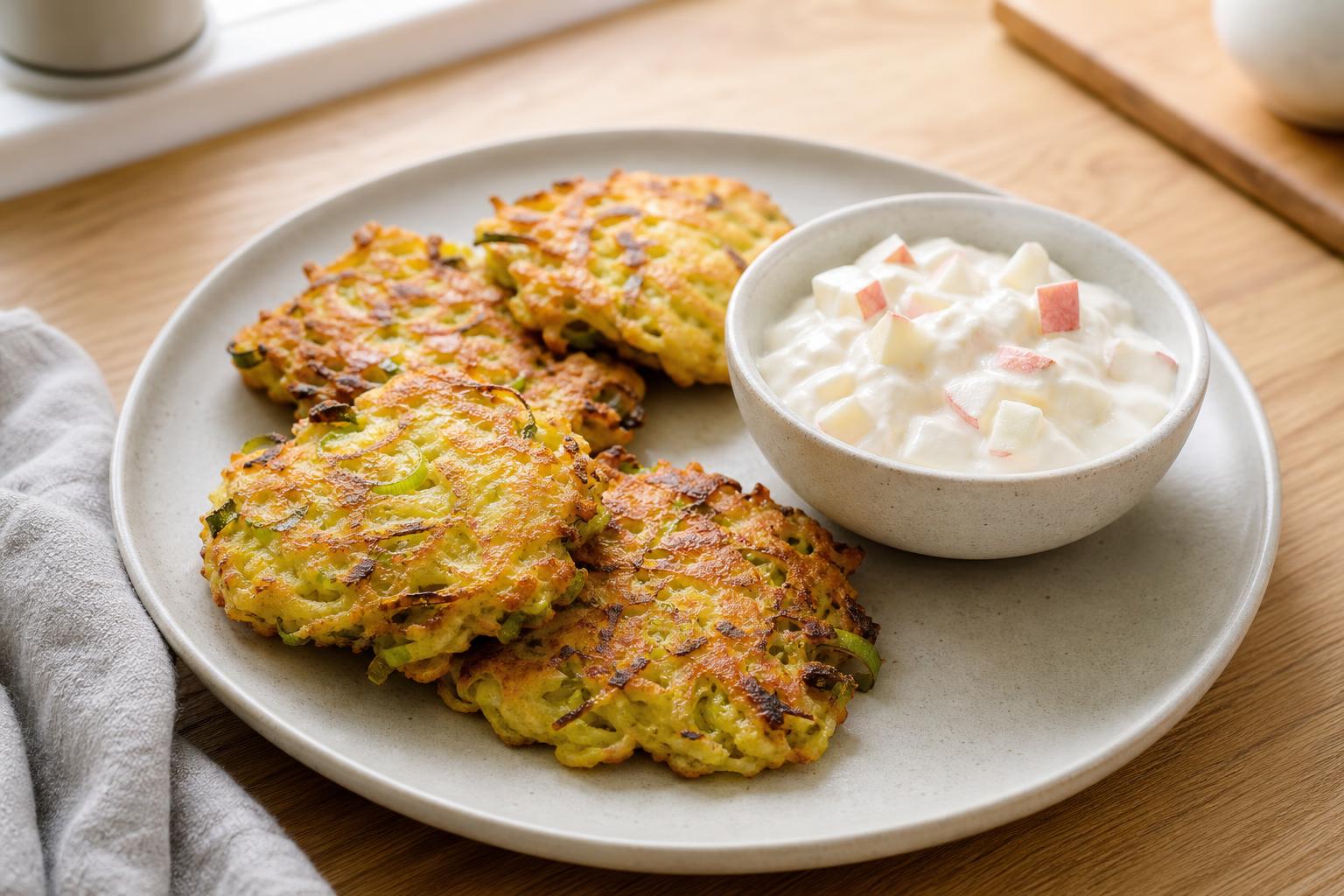 Kartoffel-Lauch-Puffer mit Apfelquark