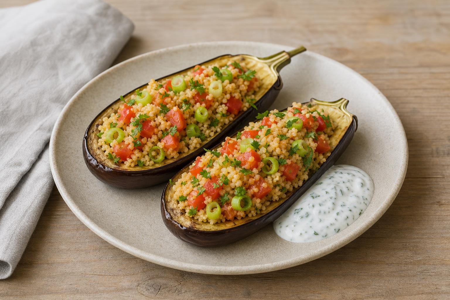 Auberginenhälften mit Couscous und Kräuterjoghurt