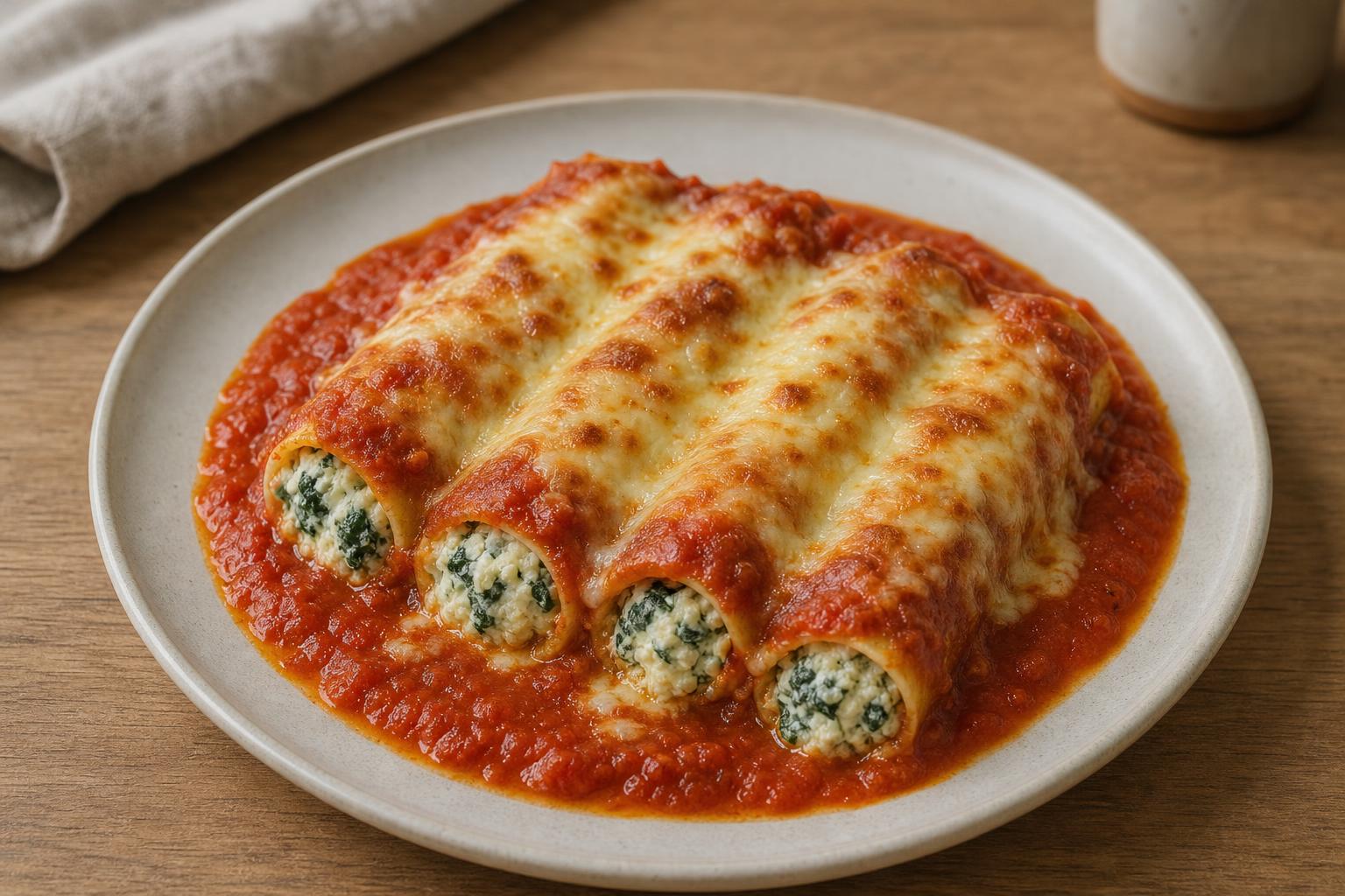 Ricotta-Spinat-Cannelloni mit Tomatensauce