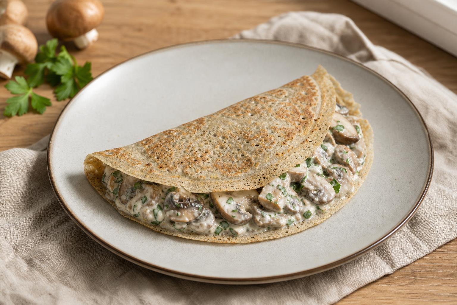 Buchweizenpfannkuchen mit Pilz-Frischkäse-Füllung