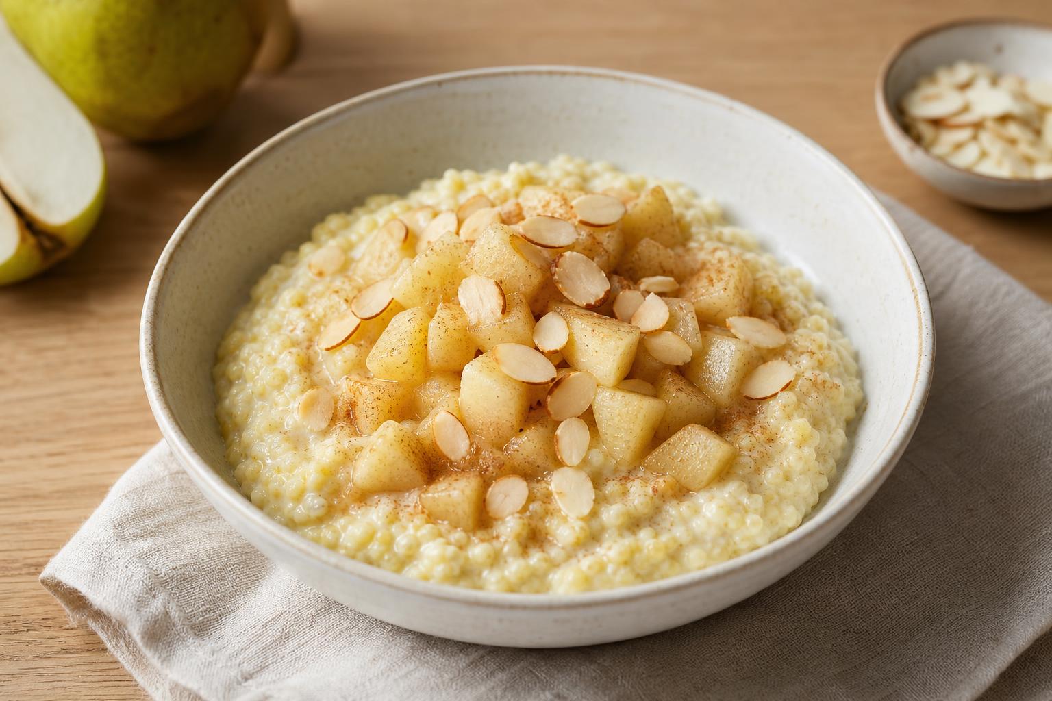 Hirse-Frühstücksbrei mit gedünsteter Birne