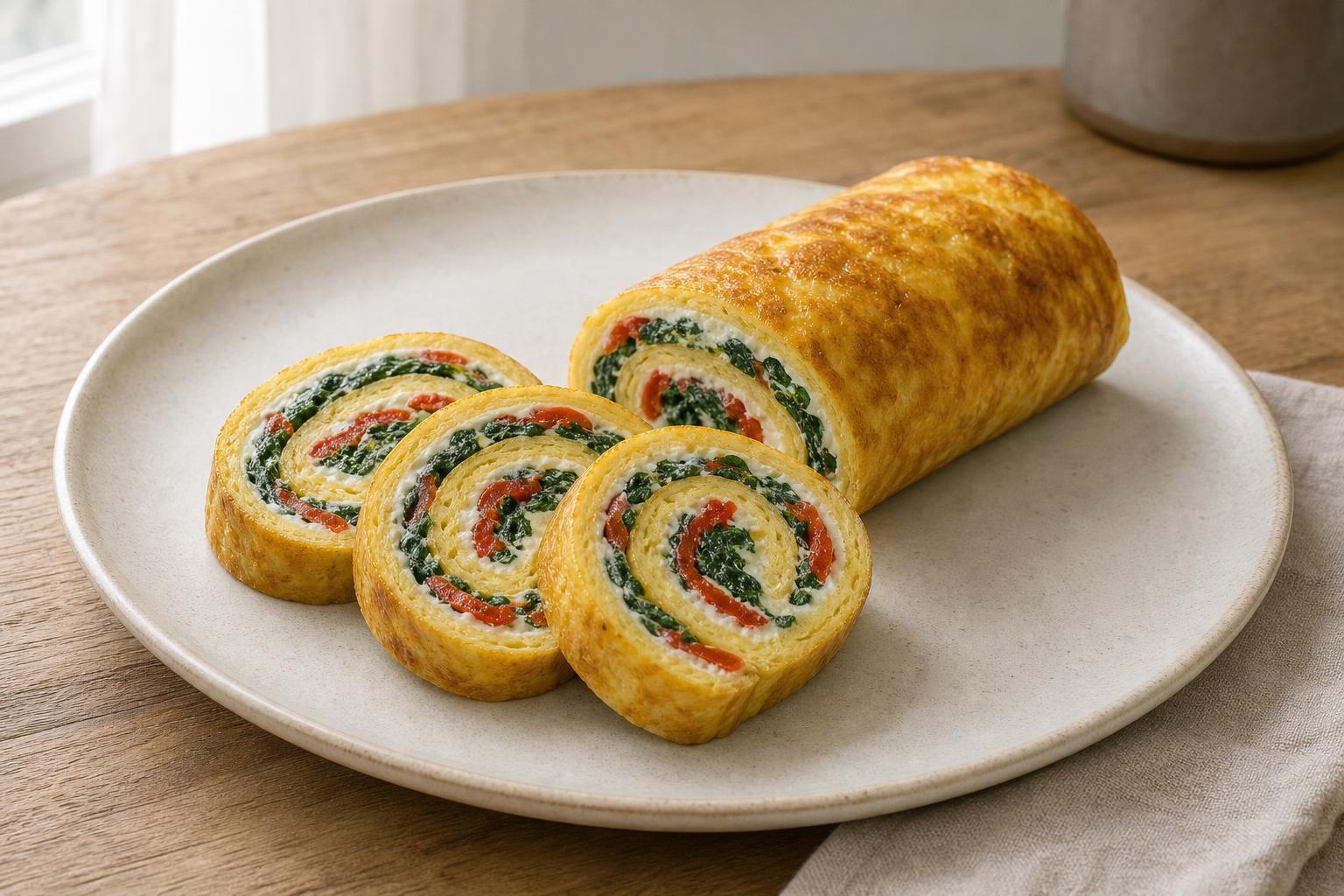 Omelettrolle mit Spinat und Frischkäse