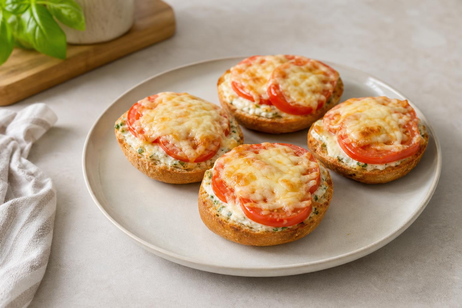 Überbackene Frühstücksbrötchen mit Tomaten-Frischkäse