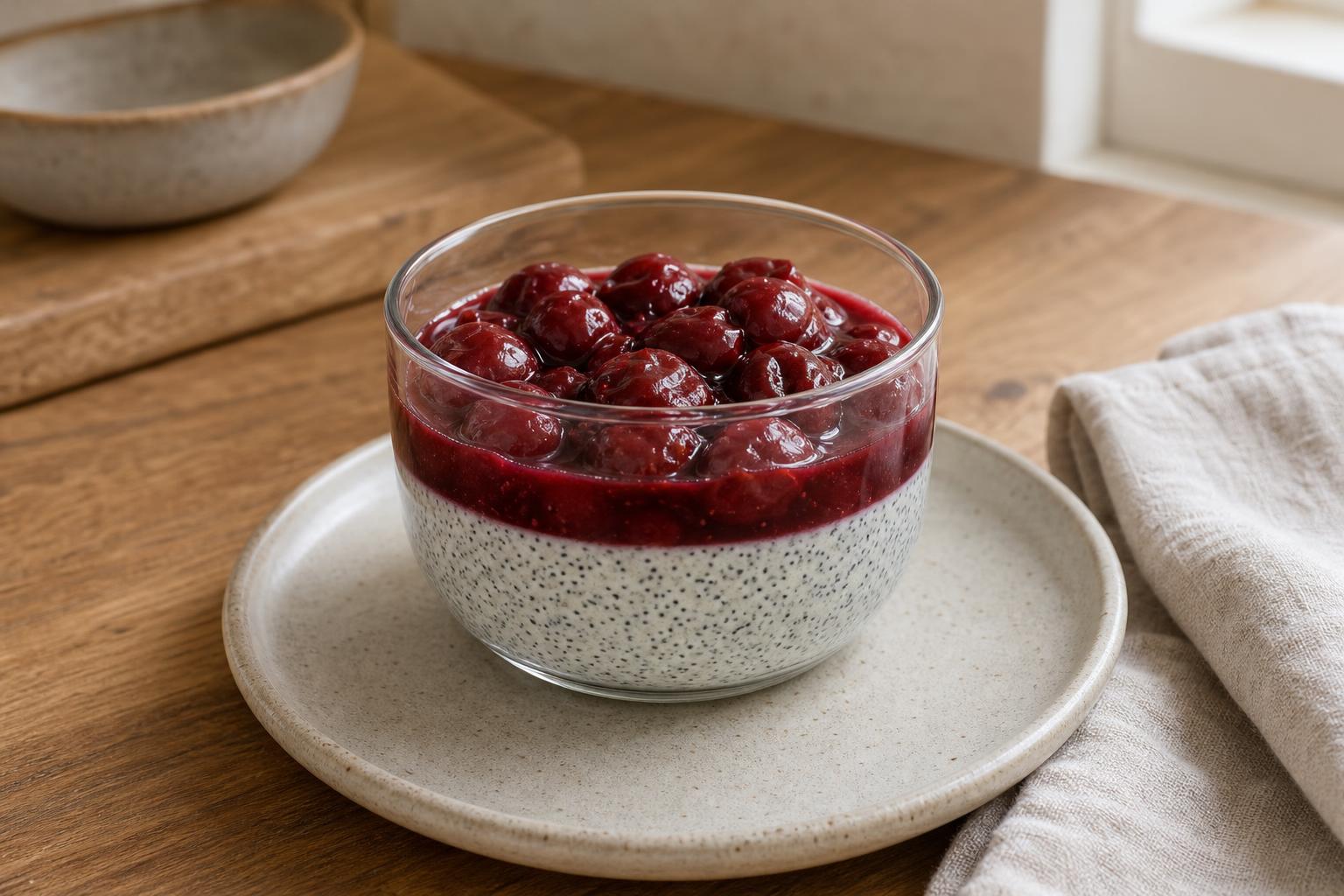 Mohn-Vanille-Pudding mit Sauerkirschen