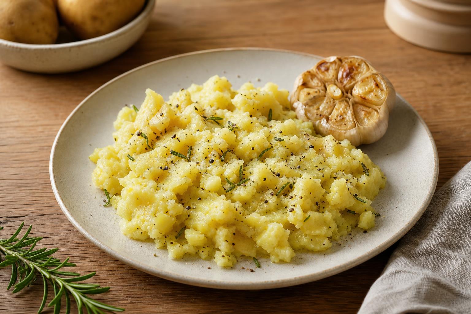 Rosmarin-Kartoffelstampf mit Ofenknoblauch