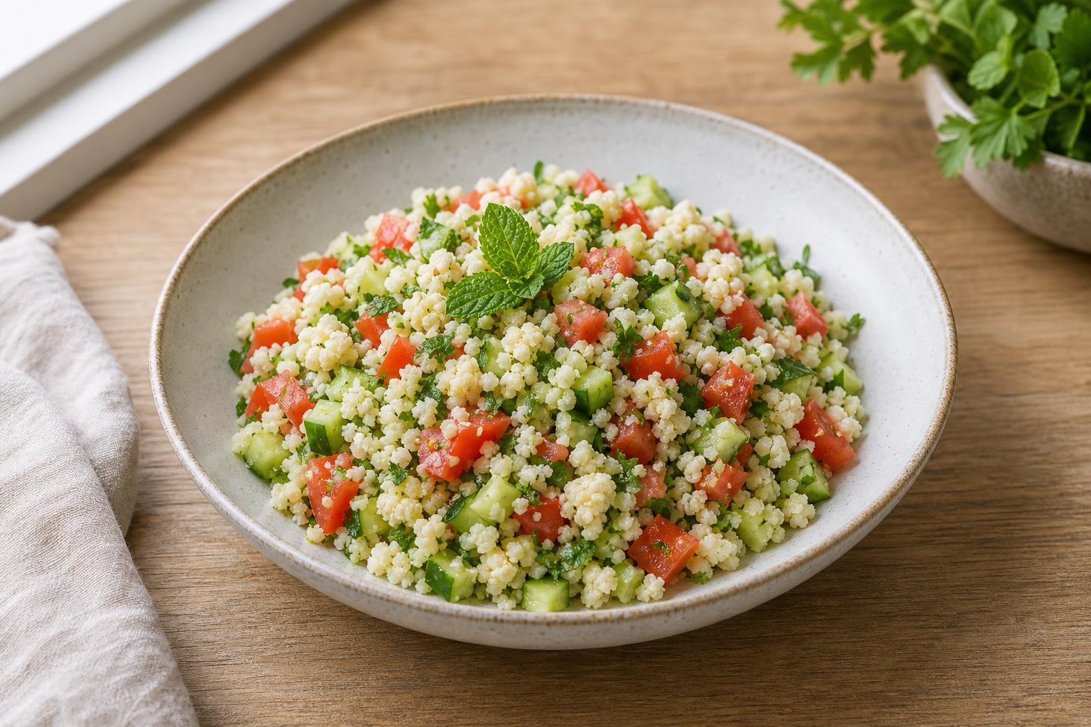 Blumenkohl-Couscous-Salat mit Gurke und Kräutern