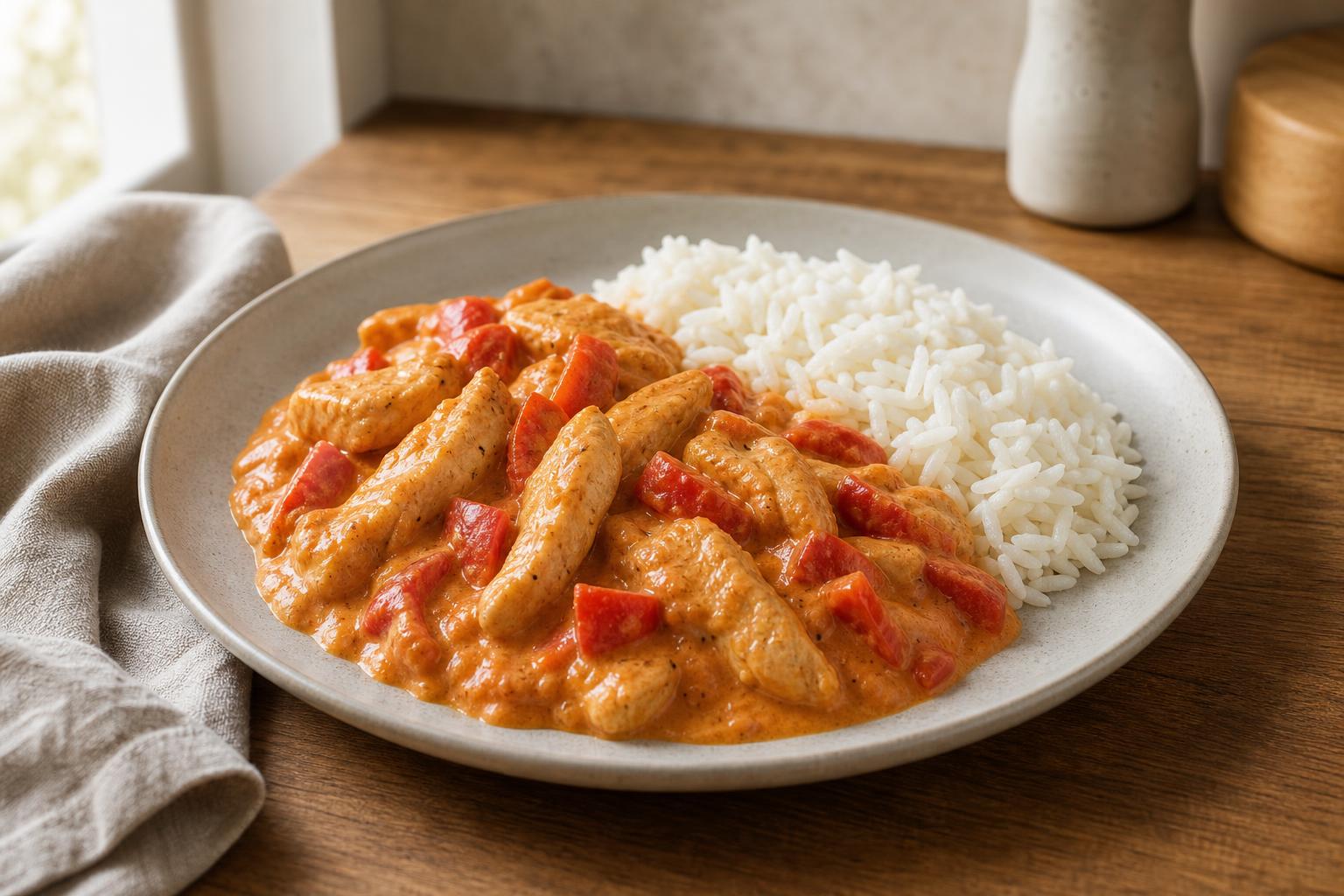 Hähnchen-Paprika-Rahm mit Reis