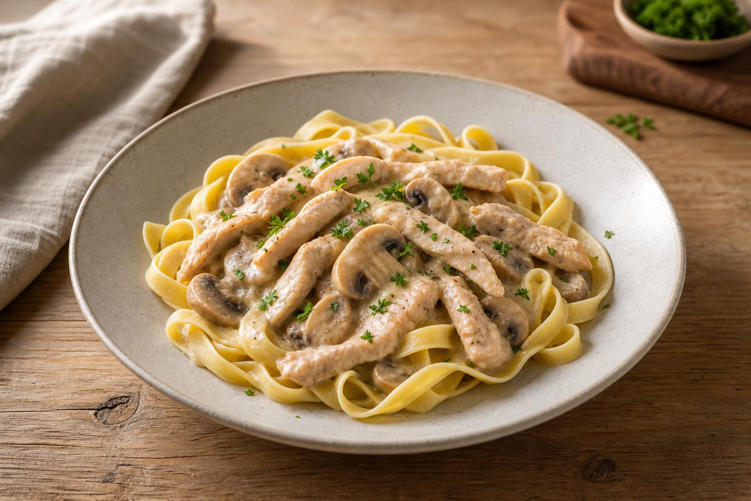 Putengeschnetzeltes mit Champignons und Bandnudeln