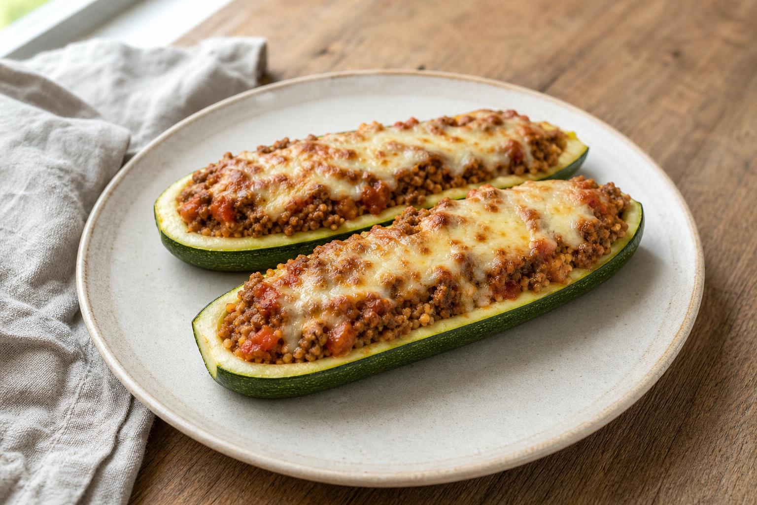 Zucchinischiffchen mit Rinderhack und Couscous
