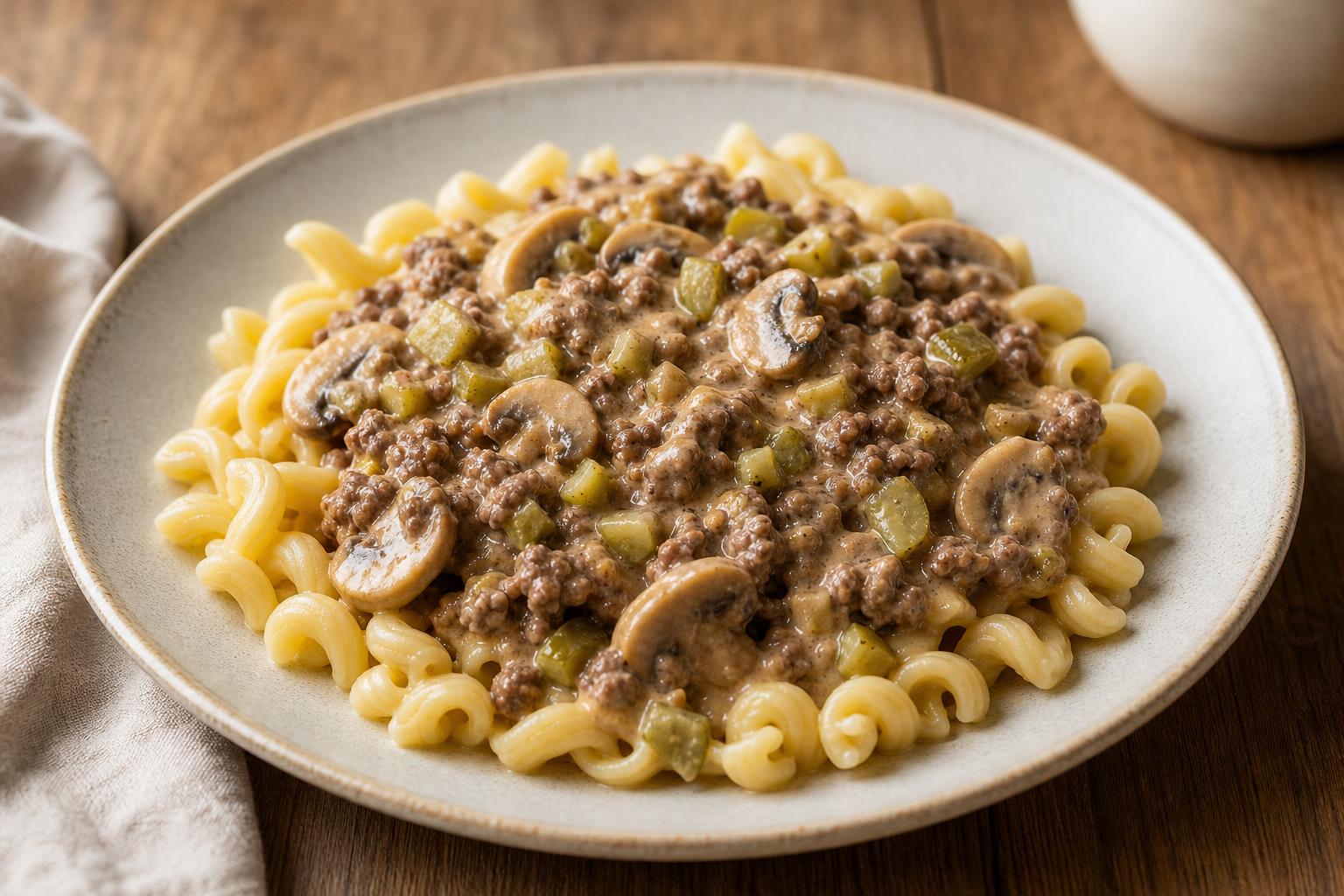Rinderhack nach Stroganoff-Art mit Gewürzgurken