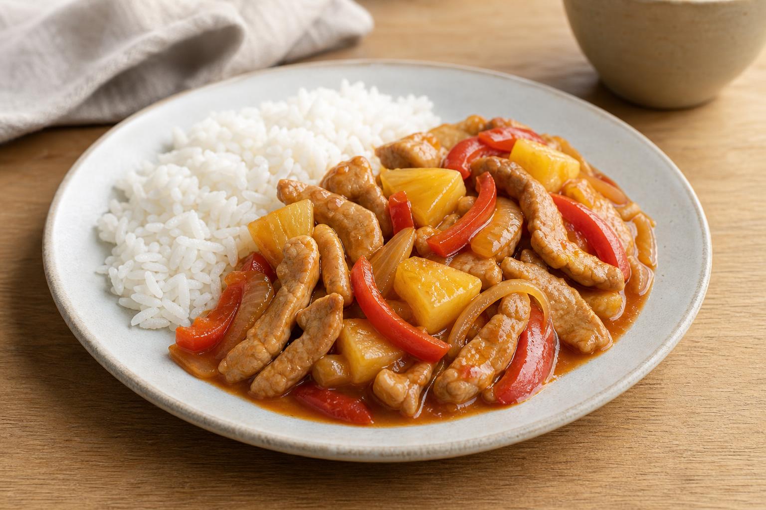 Schweinegeschnetzeltes süßsauer mit Ananas