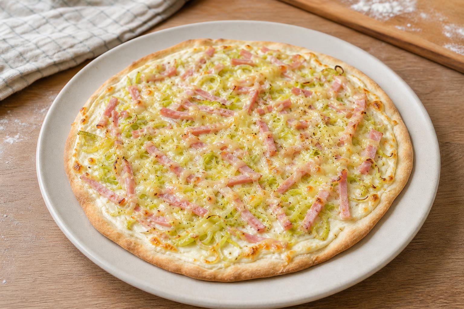 Lauch-Schinken-Flammkuchen mit Dinkelteig