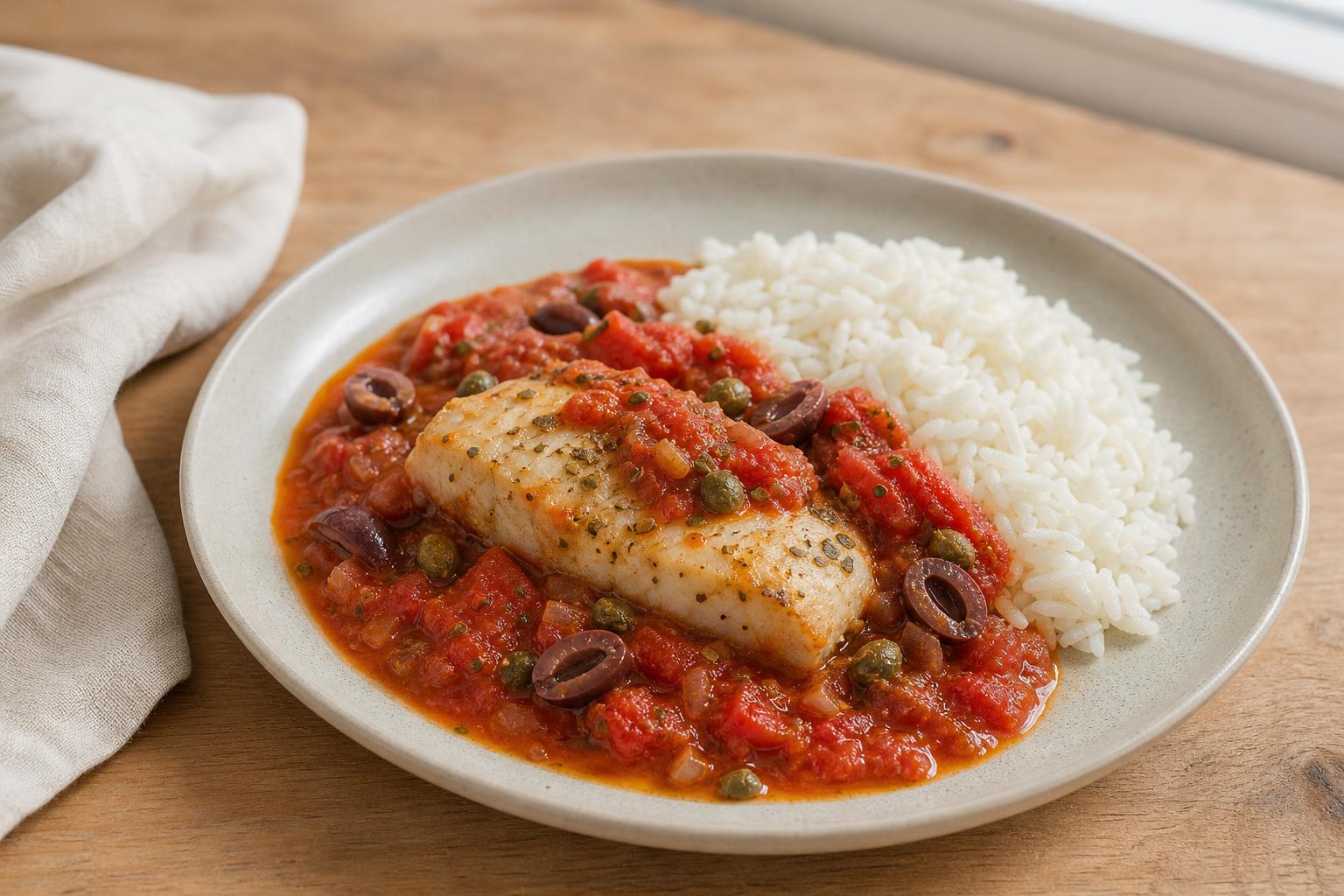 Kabeljau in Tomaten-Oliven-Sauce