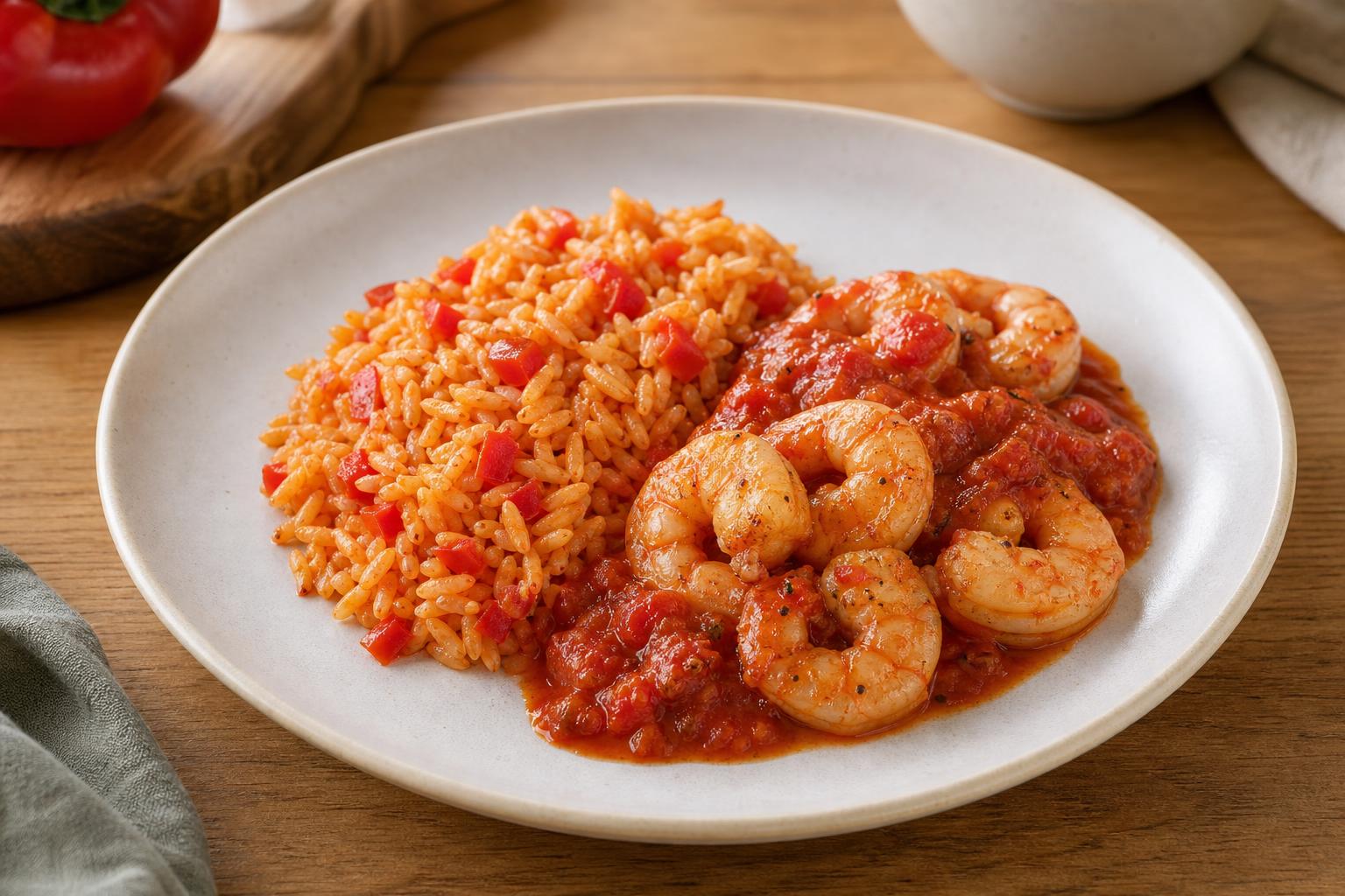 Paprika-Garnelen-Reis mit Tomatensauce