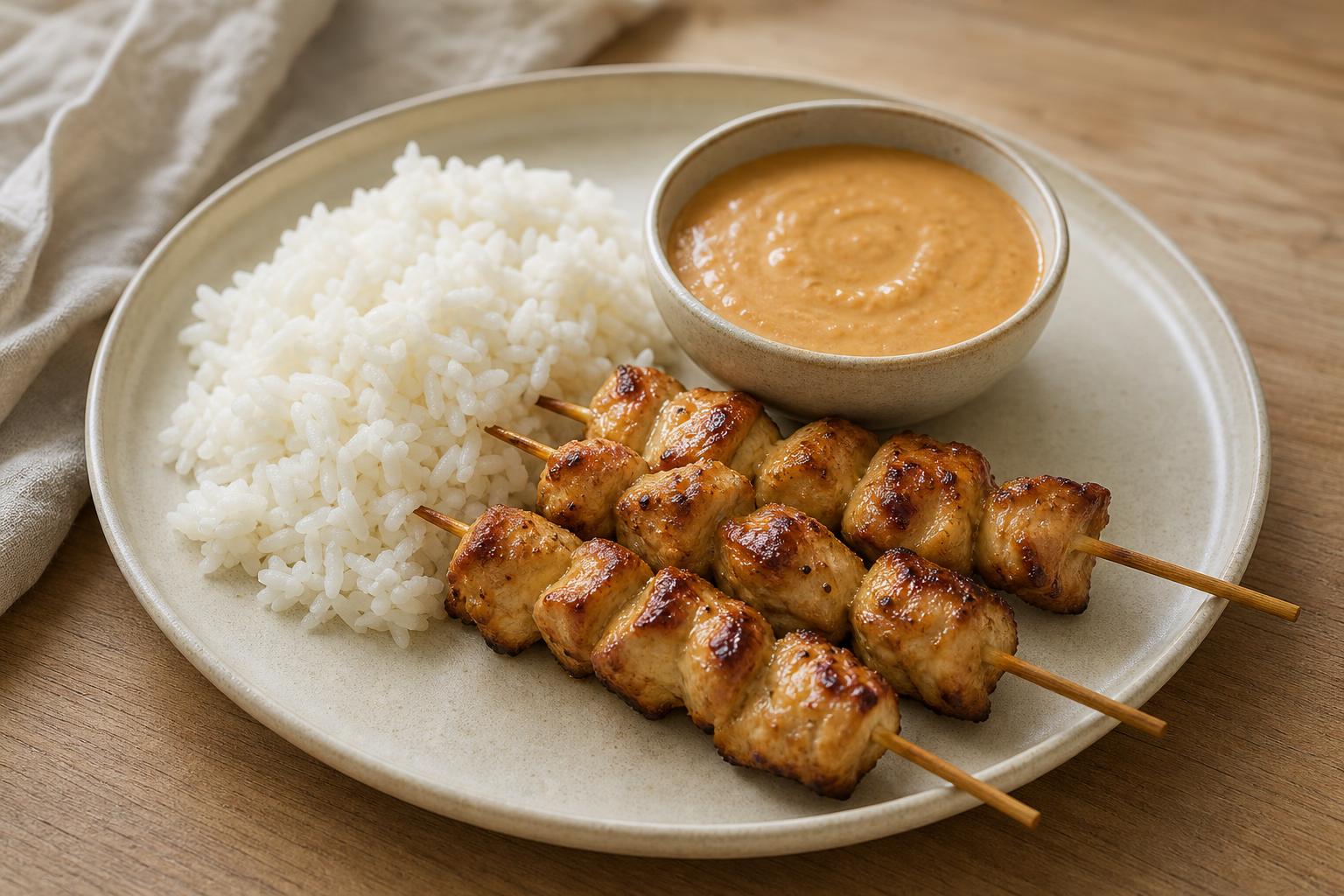Hähnchen-Saté mit Erdnusssauce und Reis