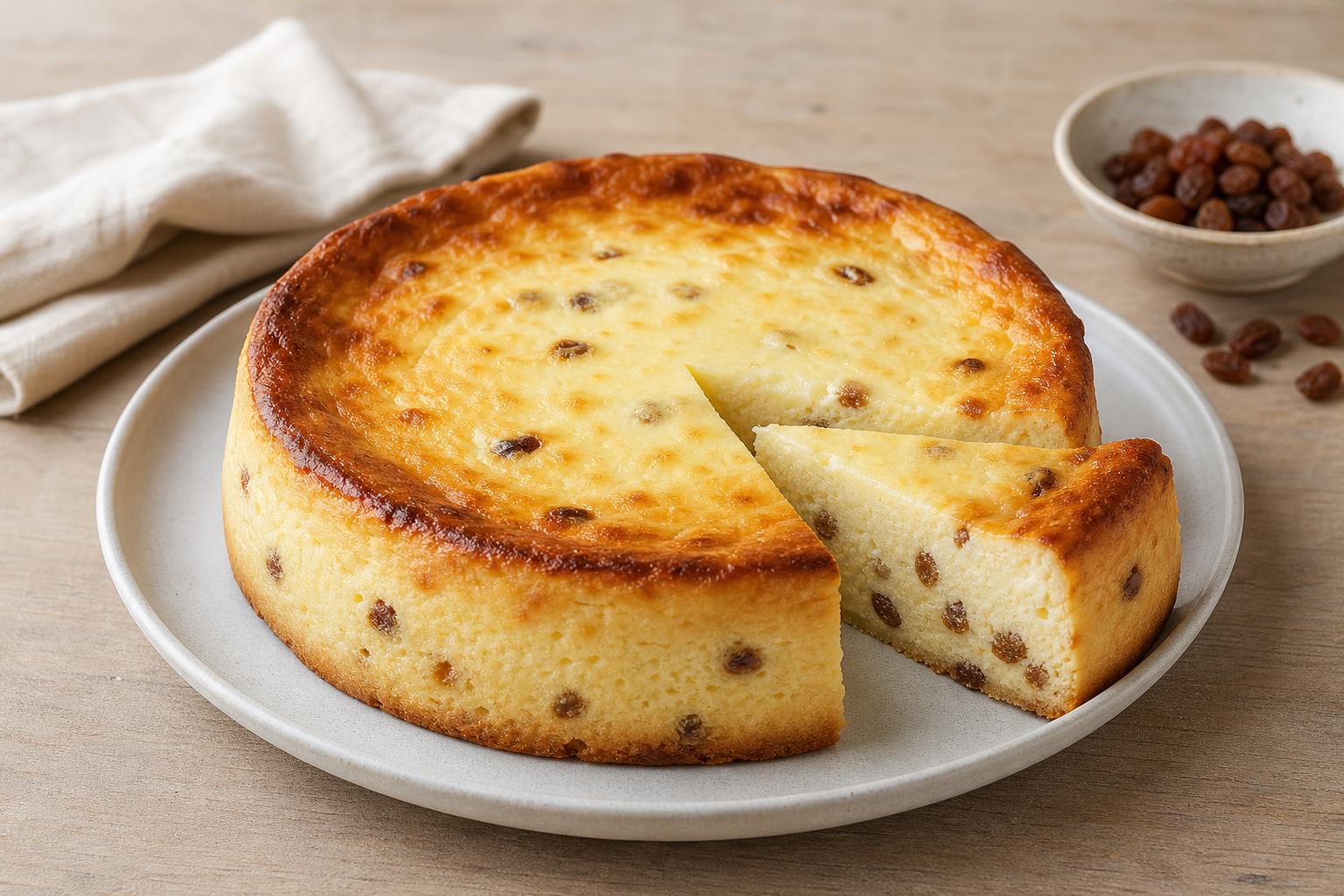 Käsekuchen ohne Boden mit Rosinen