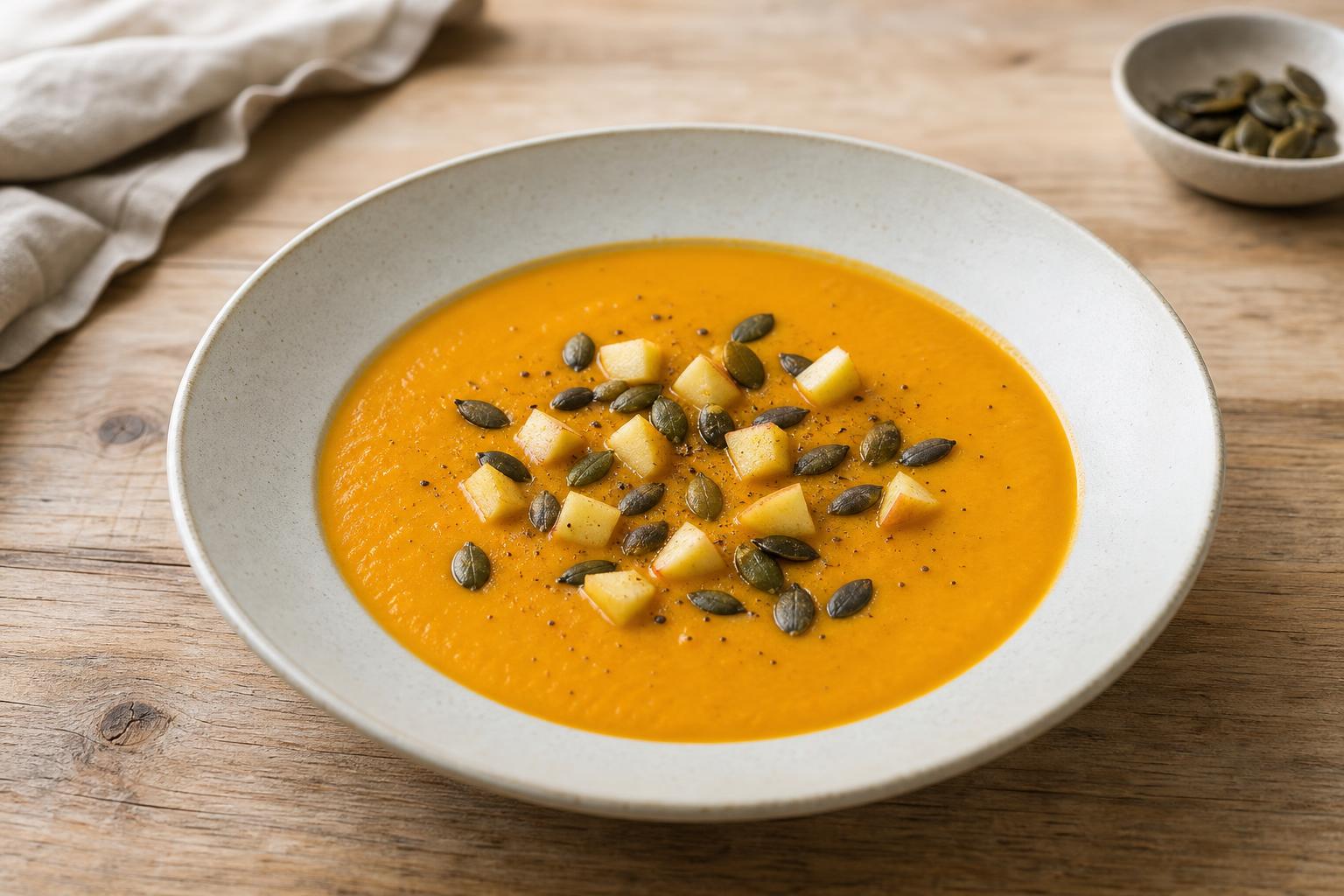 Kürbiscremesuppe mit Apfel und gerösteten Kürbiskernen