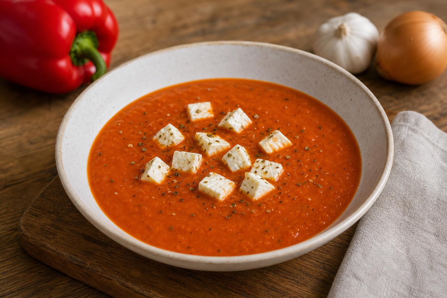 Tomaten-Paprika-Suppe mit weißen Käsewürfeln