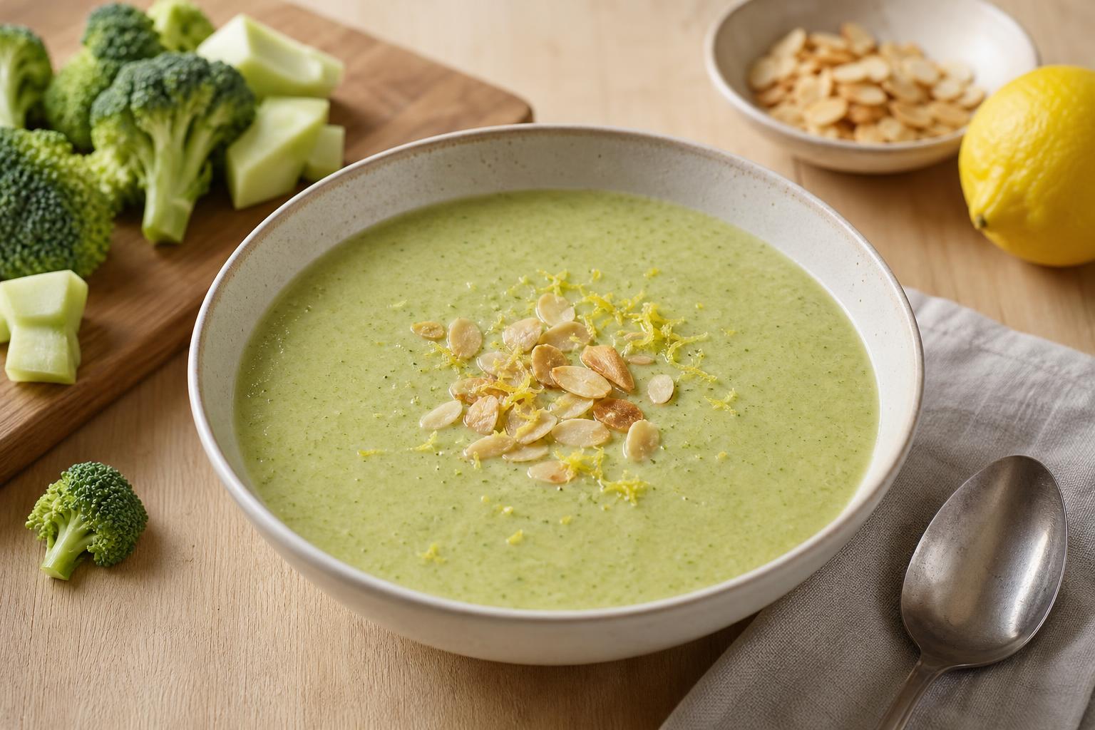 Brokkoli-Mandelsuppe mit Zitronenschale