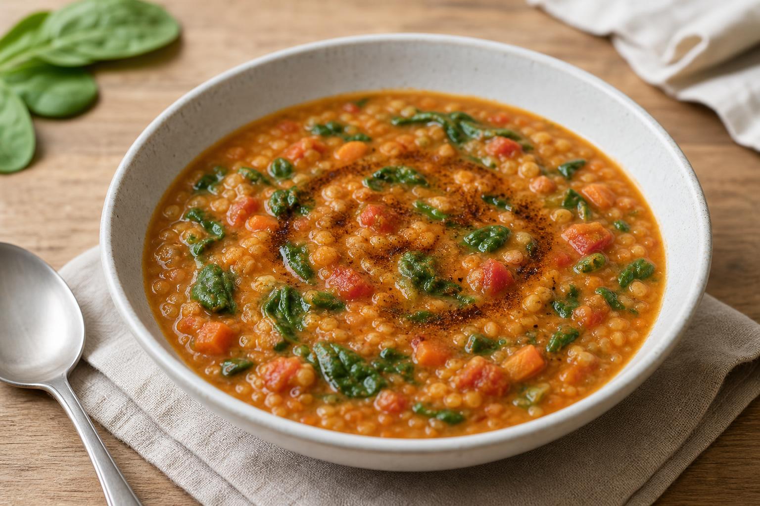 Rote-Linsen-Spinat-Suppe mit Kreuzkümmelöl