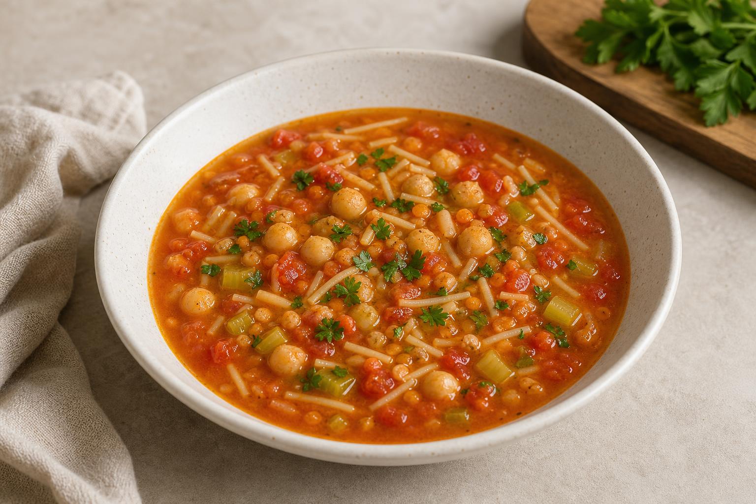Kichererbsen-Tomaten-Suppe mit Fadennudeln