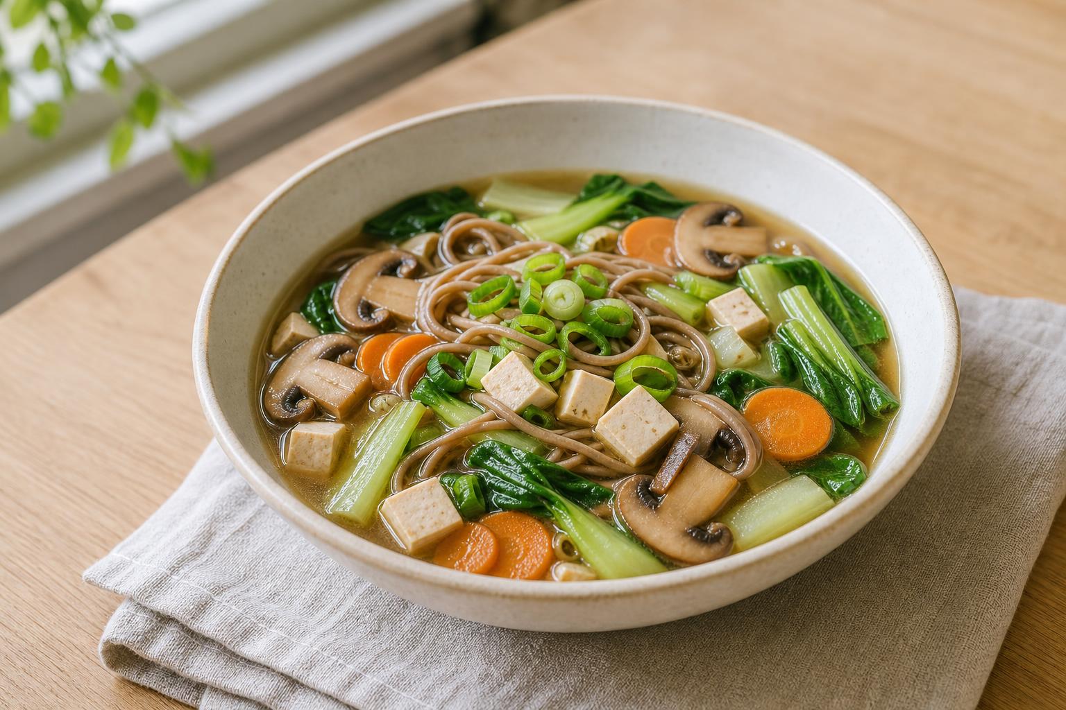 Miso-Gemüsesuppe mit Tofu und Sobanudeln