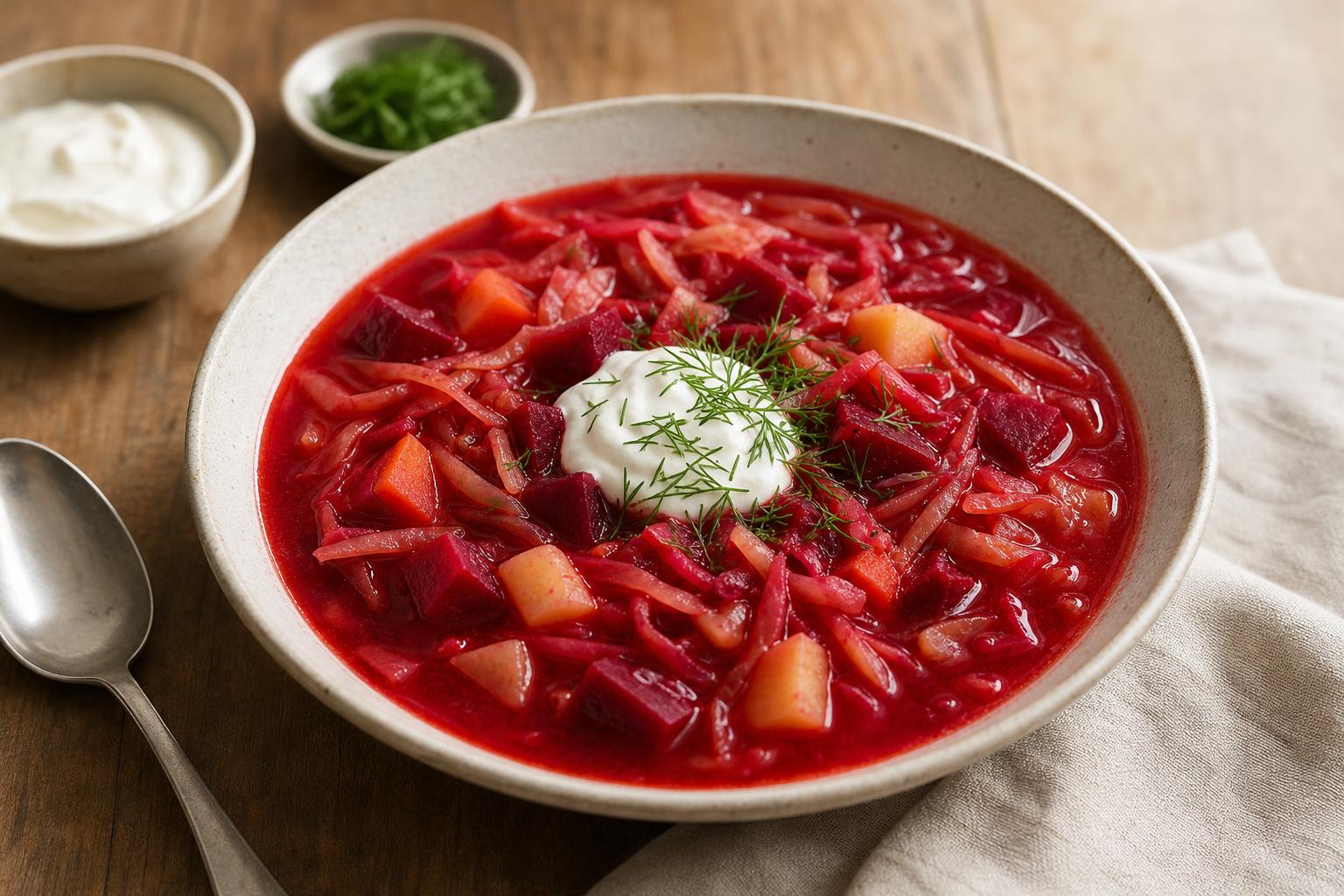 Rote-Bete-Kohl-Suppe mit Dill und saurer Sahne