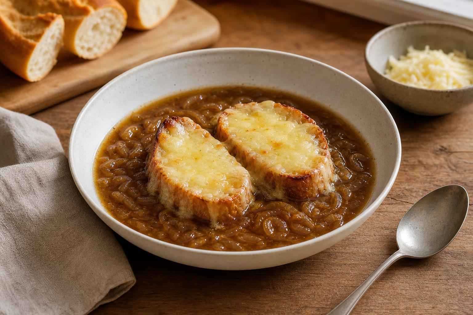 Zwiebelsuppe mit überbackenen Käsebroten