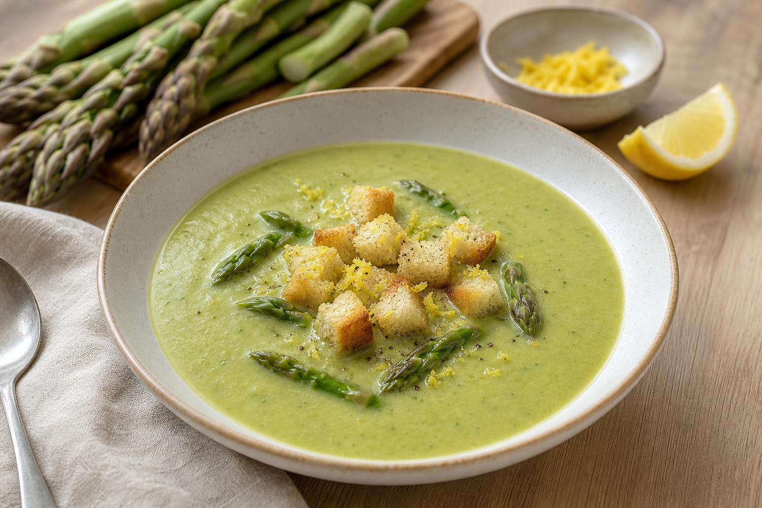 Grüne Spargelsuppe mit Zitronen-Croûtons