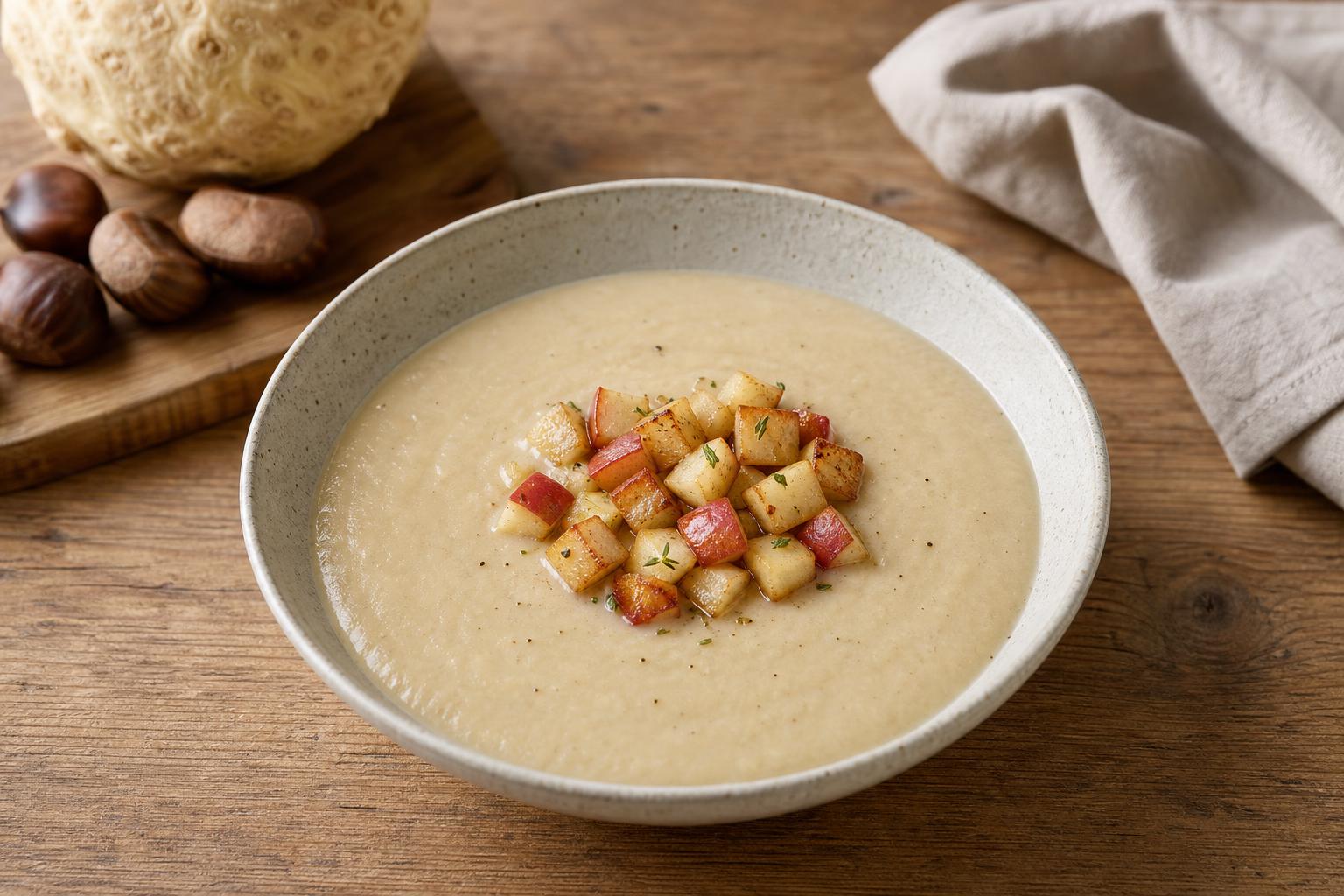 Maronen-Sellerie-Suppe mit Apfelwürfeln