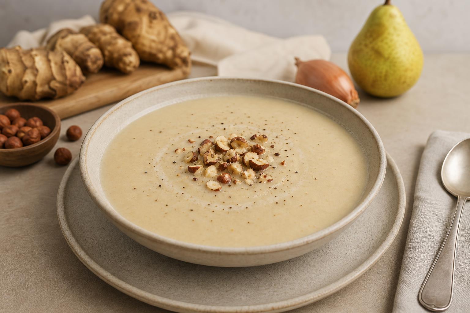 Topinambursuppe mit Birne und Haselnussbutter
