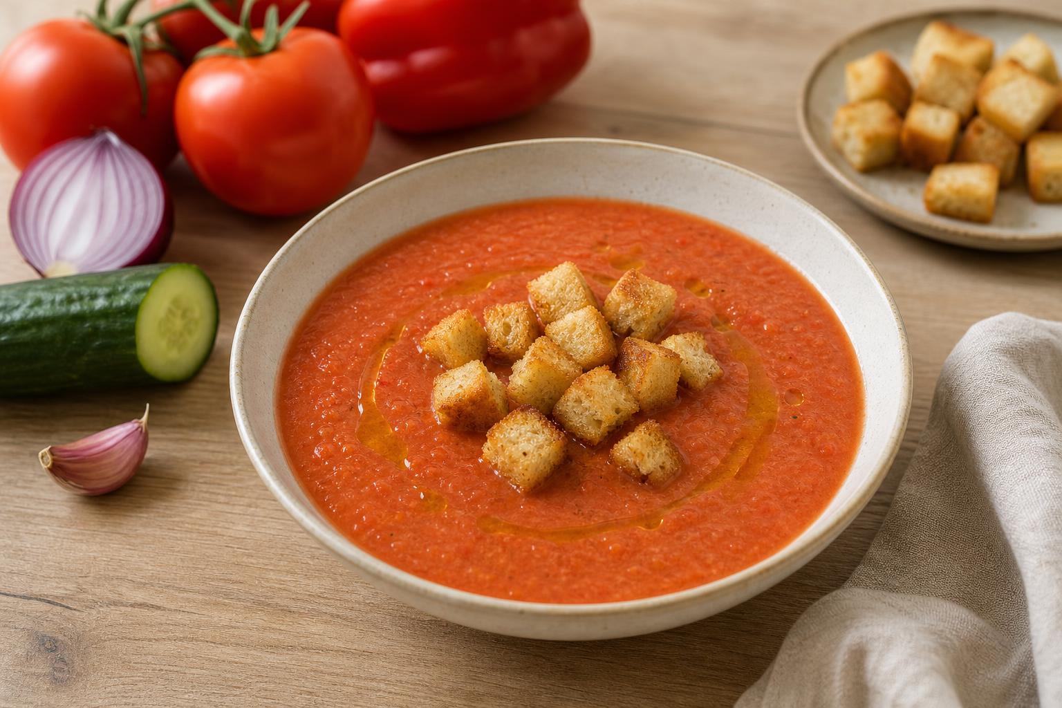 Gazpacho mit Paprika und knusprigen Brotwürfeln