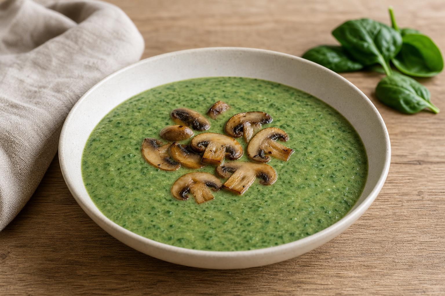 Spinat-Käsesuppe mit gebratenen Champignons