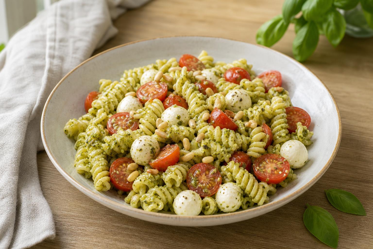 Nudelsalat mit Basilikum-Pesto und Mozzarella