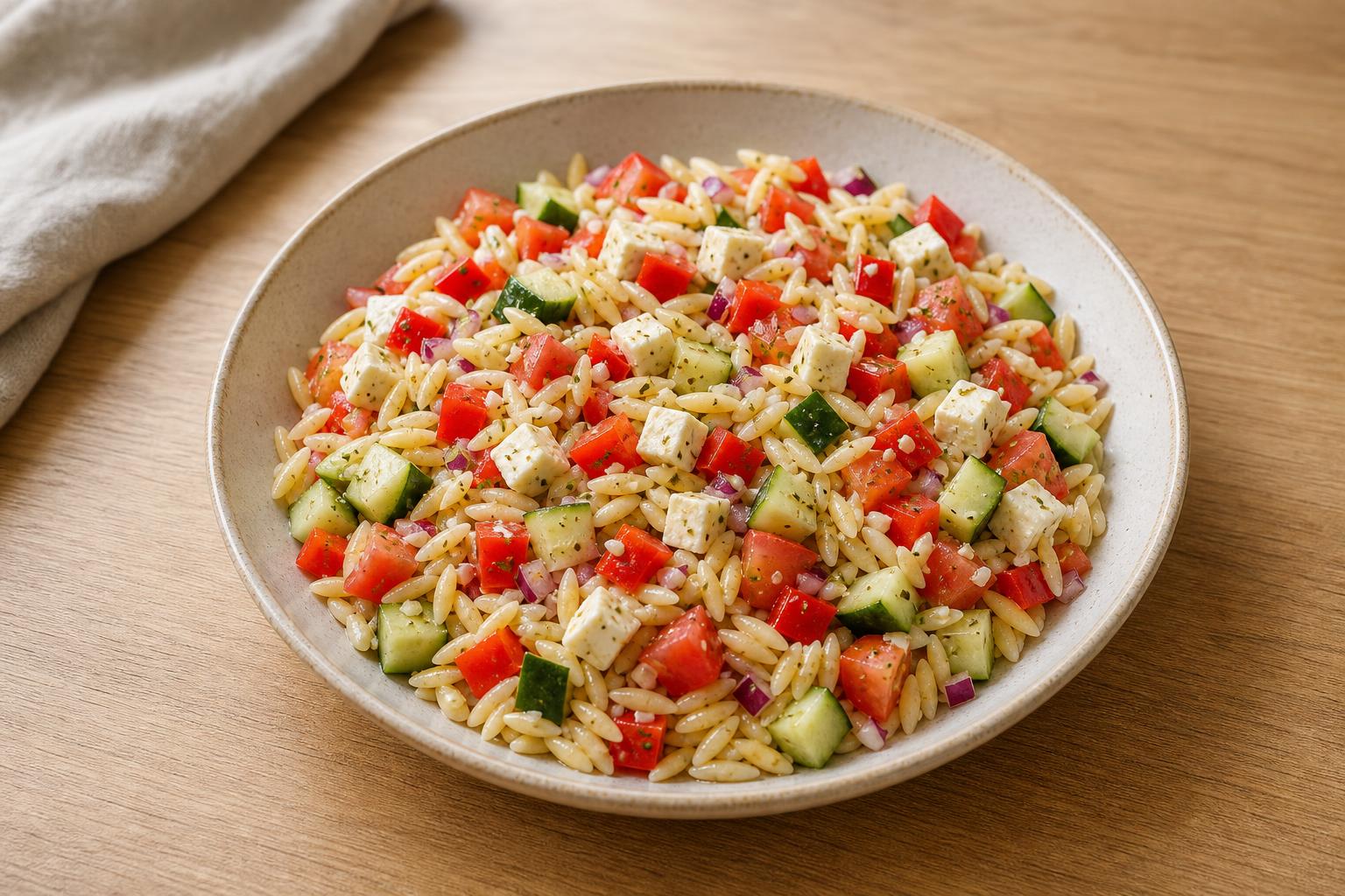 Kritharaki-Salat mit Gurke, Feta und Paprika