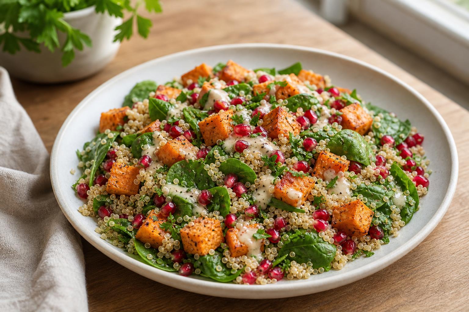 Quinoa-Salat mit Ofensüßkartoffel und Granatapfel