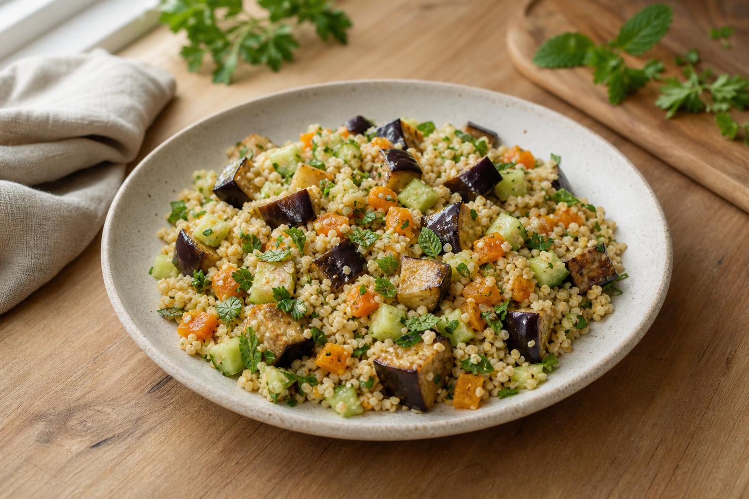 Bulgursalat mit Aubergine, Aprikosen und Minze