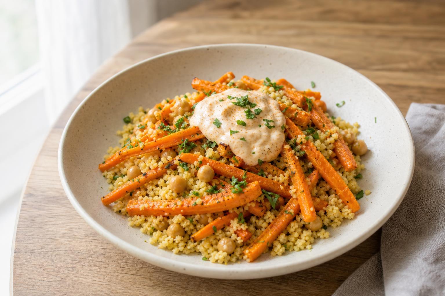 Couscous-Salat mit Ofenmöhren und Harissajoghurt